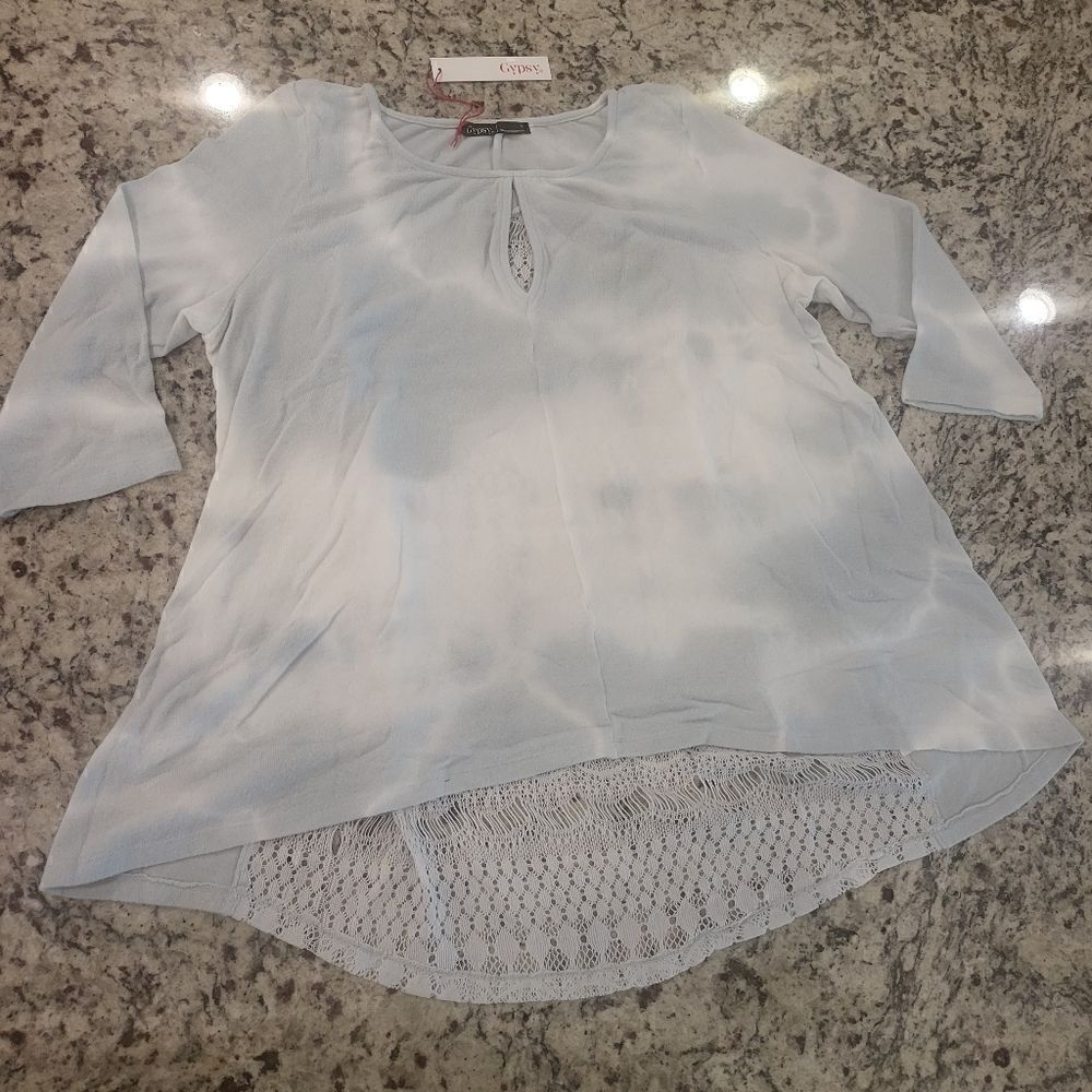 Gypsy 05 Boho high low sweater with lace back Small blue and off white